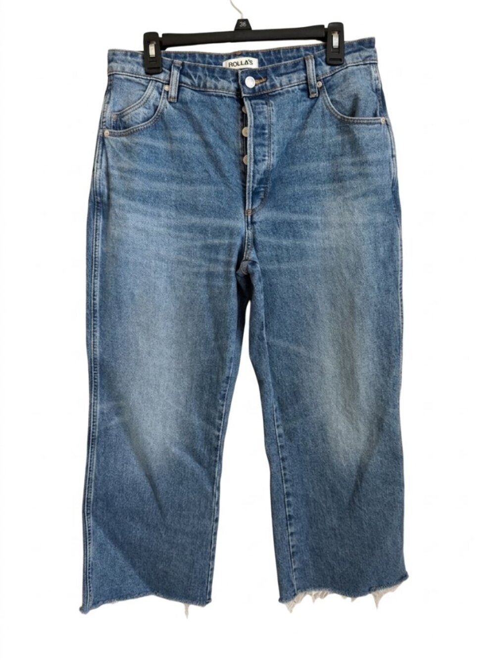 Rolla's Classic Flare Crop Jeans Size 30 Blue High Rise Raw Hem Button Fly Denim